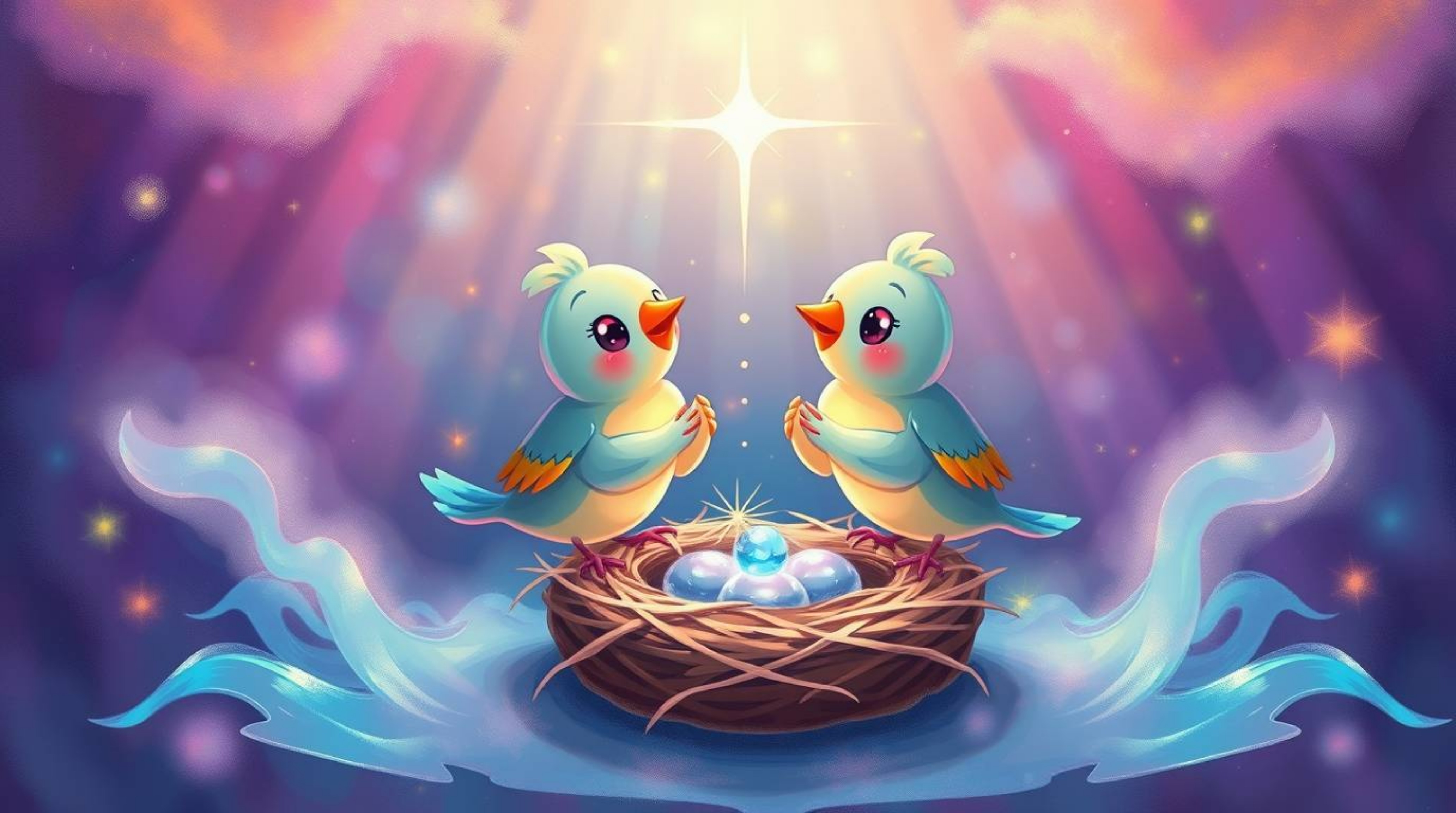 This vibrant and energetic painting captures an ethereal spiritual vibe, depicting two cartoon birds in a classic animation s