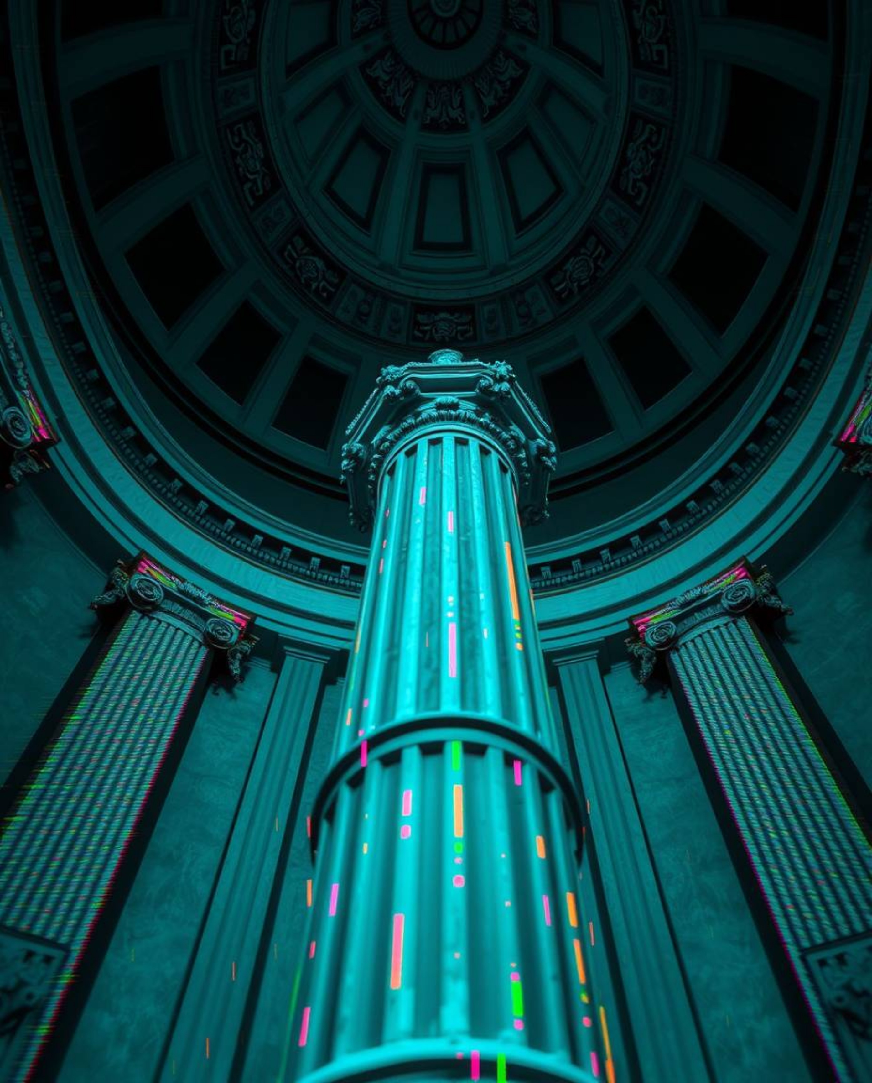 Discover a captivating high-angle perspective of a classical sculpture, transformed by a rich, deep teal color palette and a 