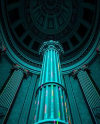 Discover a captivating high-angle perspective of a classical sculpture, transformed by a rich, deep teal color palette and a 