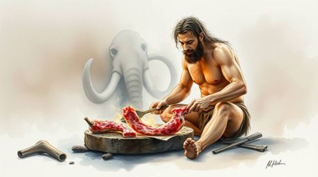A delicate watercolor painting showcases a caveman skillfully cooking mammoth meat.  The artwork employs a strong, moody styl