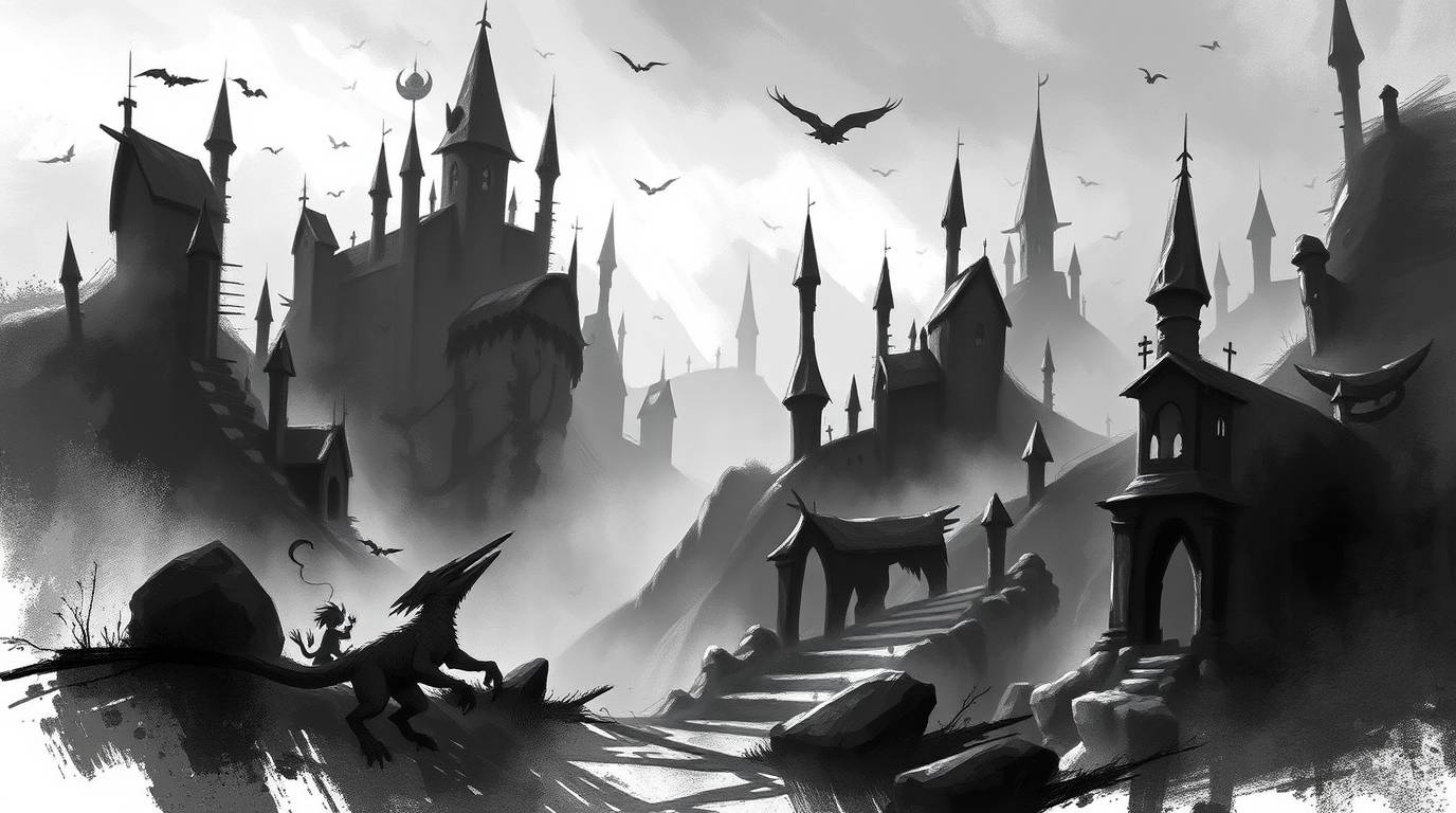 A dynamic digital sketch depicts a classic black and white fantasy kingdom inhabited by quirky magical creatures, rendered in
