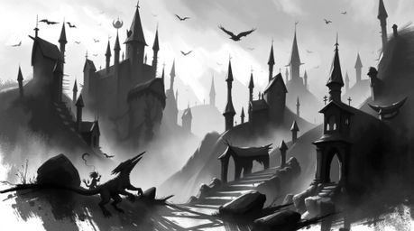 A dynamic digital sketch depicts a classic black and white fantasy kingdom inhabited by quirky magical creatures, rendered in