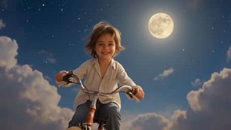 Experience a vivid and dreamy cinematic photograph of a bright-eyed, freckled-faced kid pedaling a vintage bicycle effortless