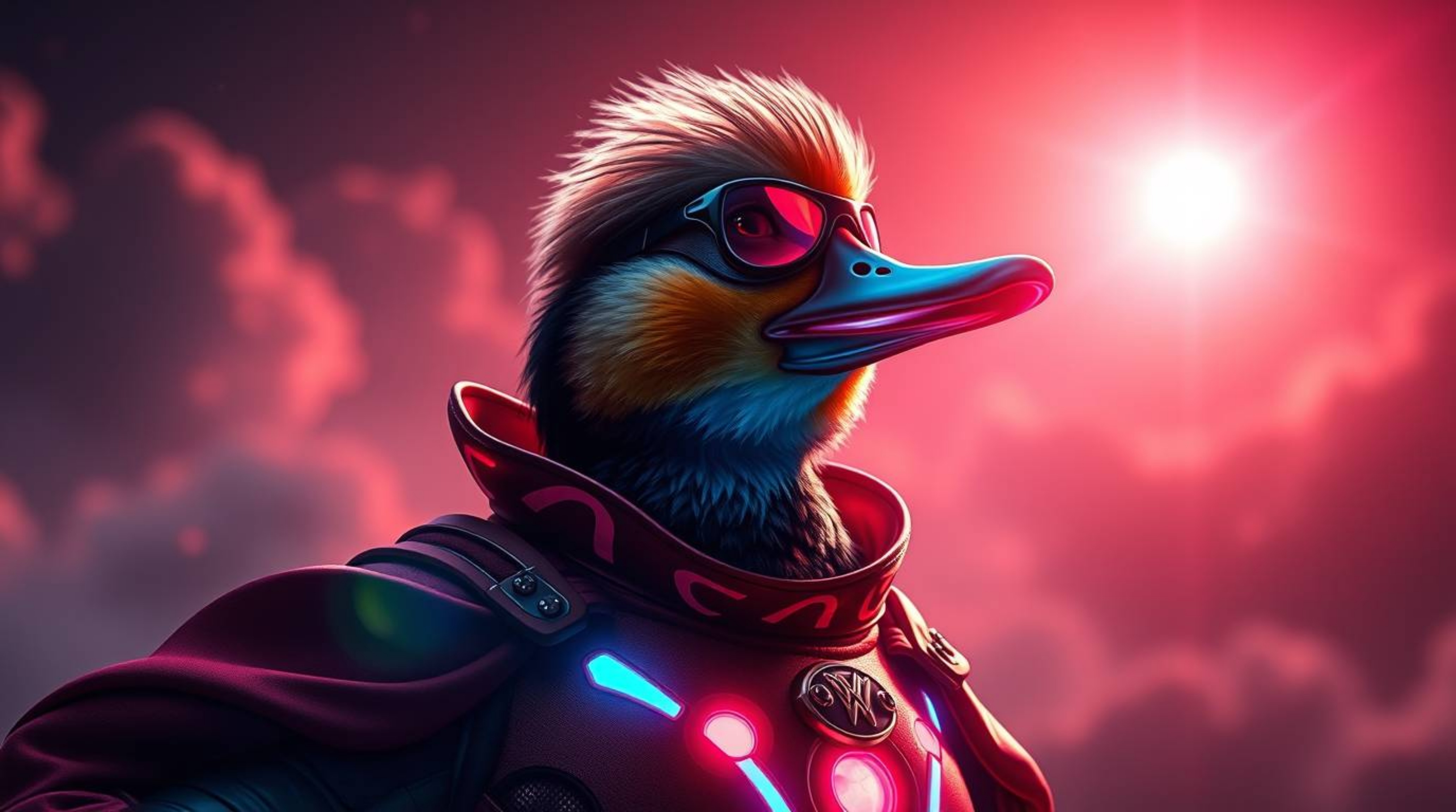 Witness a grand, epic spectacle featuring a bioluminescent duck adorned in a zany superhero costume, radiating with rich burg