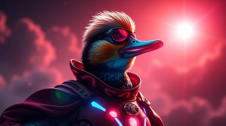 Witness a grand, epic spectacle featuring a bioluminescent duck adorned in a zany superhero costume, radiating with rich burg