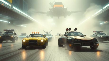 A modern, grand epic scene depicting a wacky racing event with outlandish cars.  The image features soft cinematic haze, stun