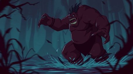 An elegant ogre with expressive features is depicted dancing in a swamp, rendered in an isekai anime style. The artwork boast