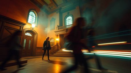 A captivating blend of warm terracotta and cool teal tones sets the scene for this long-exposure photograph.  A group of teen