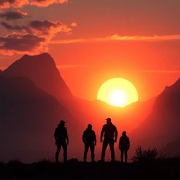 A breathtaking image depicting silhouetted figures against a massive, epic sunset over a serene mountain valley. This modern,
