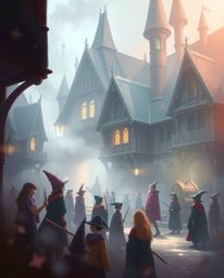 Discover a dreamy digital painting depicting a magical school brimming with young wizards.  The artwork features a soft, hazy
