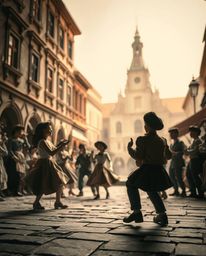 A visually striking image depicting a musical number unfolding in a vibrant town square, rendered in a strong, moody style. T