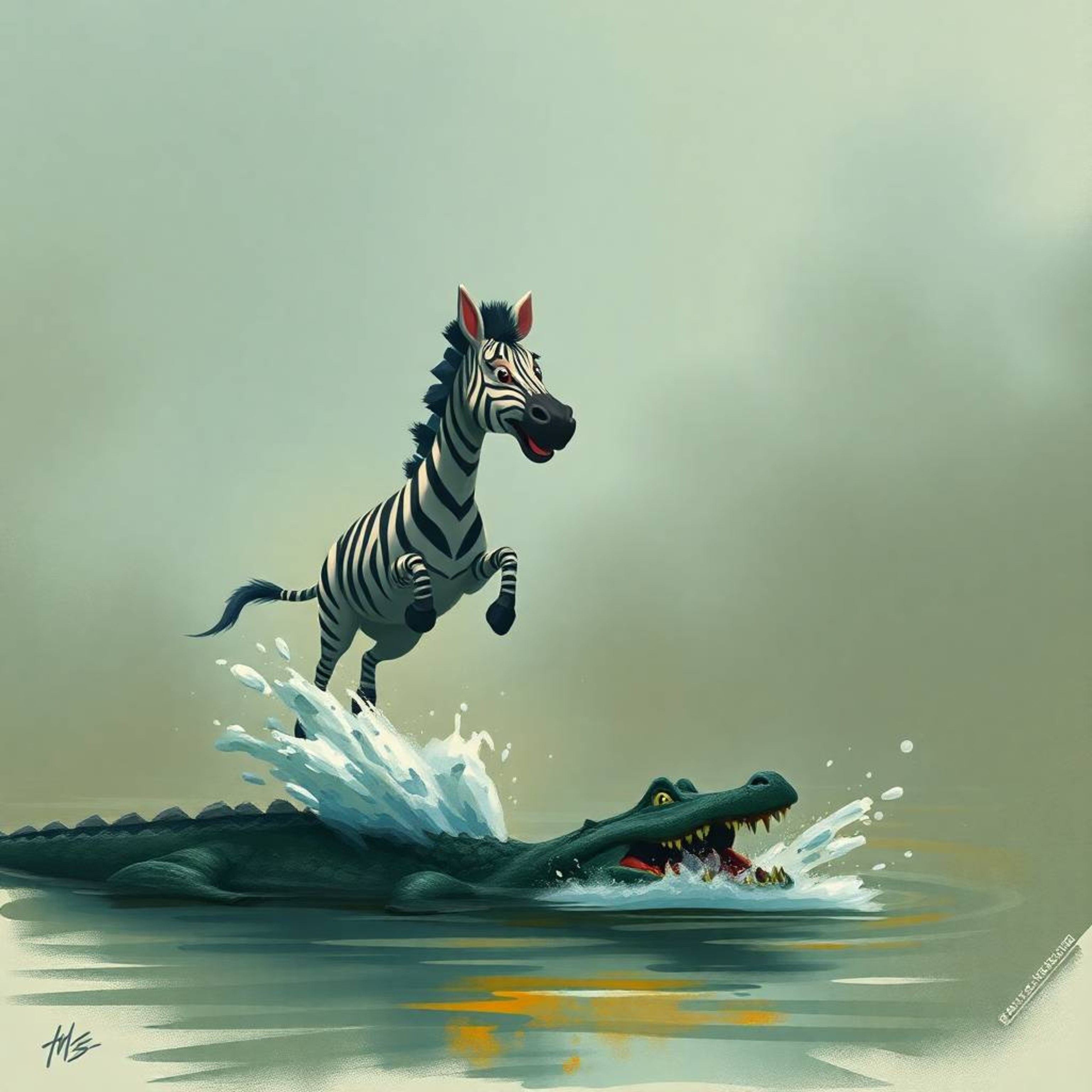 A dramatic and unfinished concept art piece depicting a 3D cartoon zebra in a foggy environment. The zebra, scared and alert,