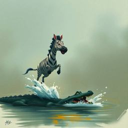 A dramatic and unfinished concept art piece depicting a 3D cartoon zebra in a foggy environment. The zebra, scared and alert,