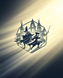 A dynamic logo concept inspired by soft light and motion, depicting a magical school teeming with young wizards represented t