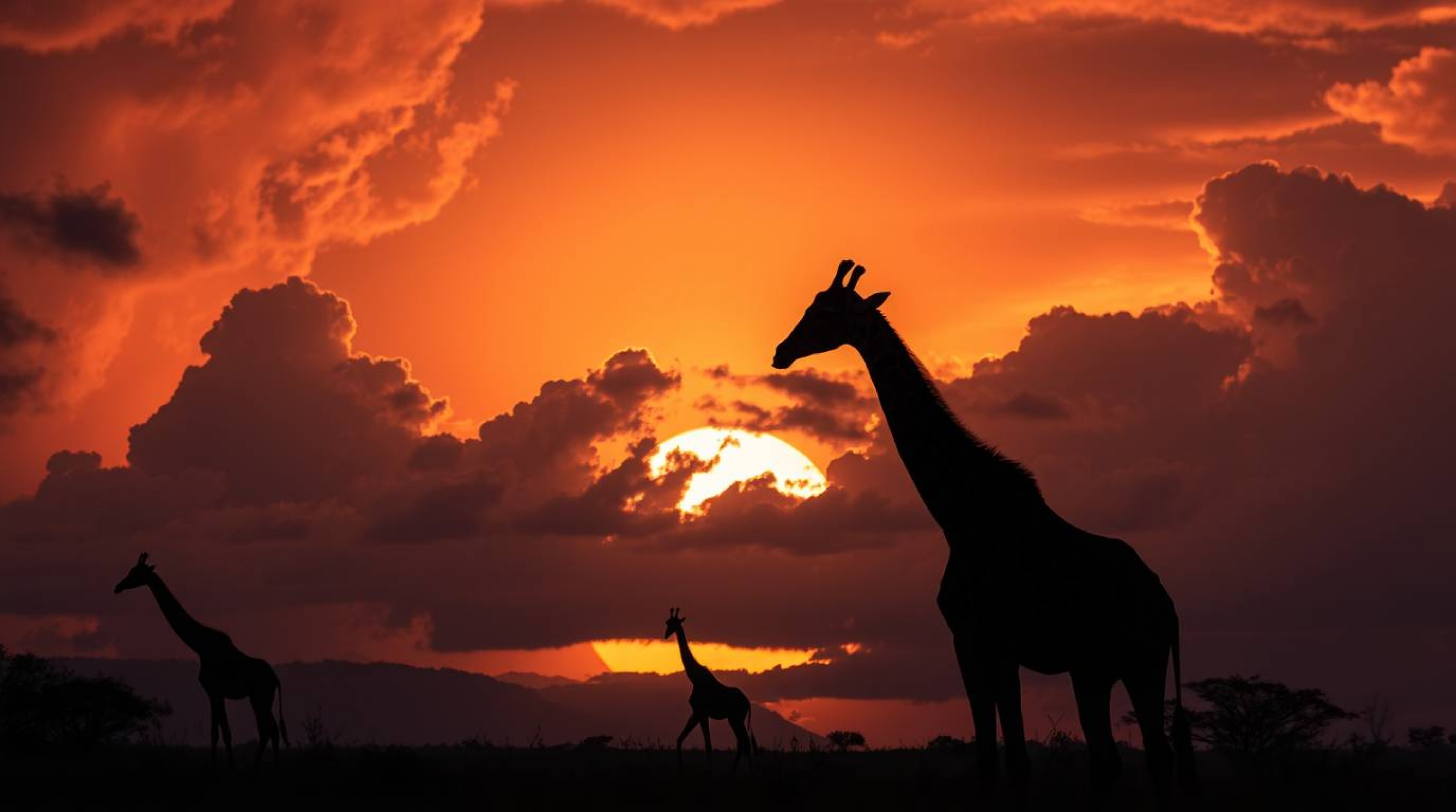 Witness a breathtaking savanna sunset with silhouetted giraffes against a dramatic, stormy sky. This high-tension scene captu