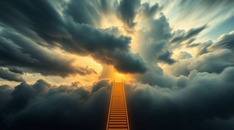 Capture the divine and ethereal with long exposure photography of a golden staircase ascending through stormy skies towards a