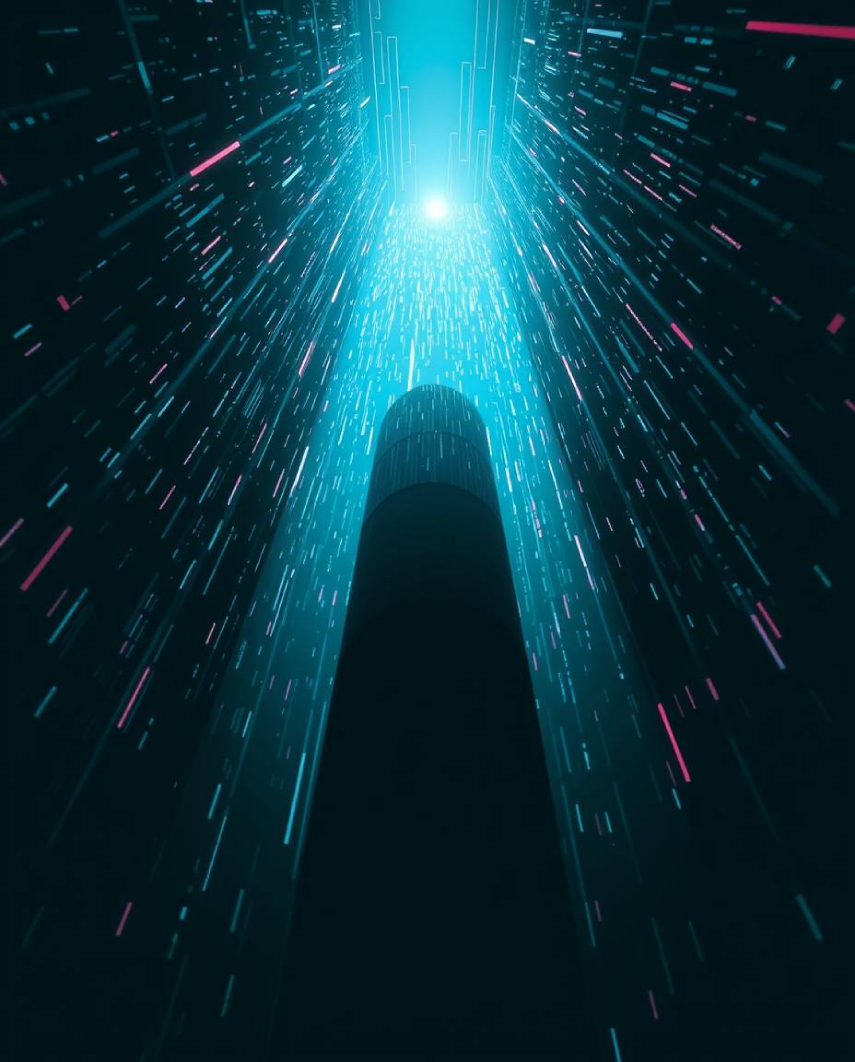 A low-angle, moody photograph featuring glitched geometric shapes floating within a cyberspace matrix. This image is characte
