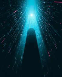 A low-angle, moody photograph featuring glitched geometric shapes floating within a cyberspace matrix. This image is characte