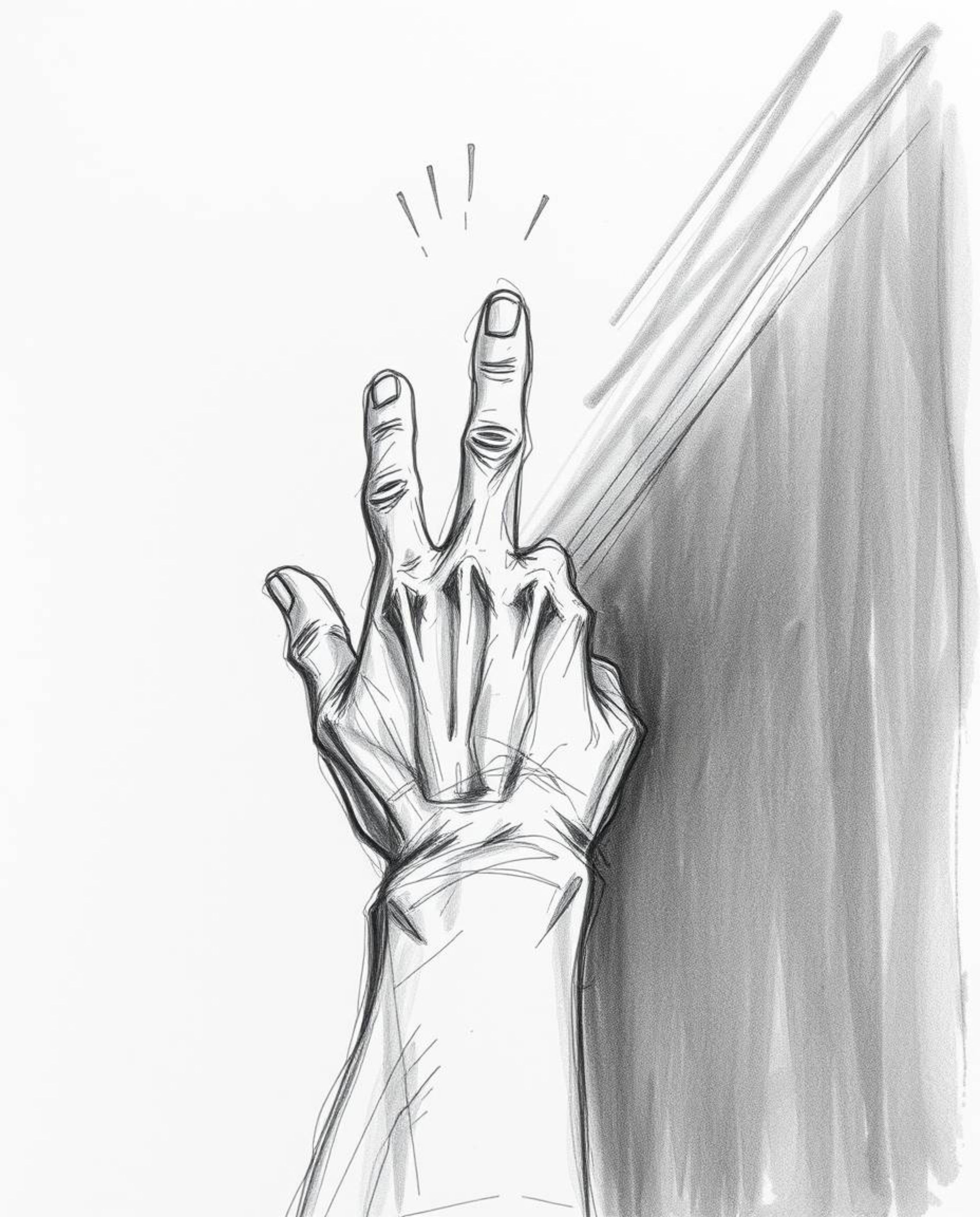 This hand-drawn sketch depicts a hand reaching towards the light from a place of darkness, utilizing rough lines and textured