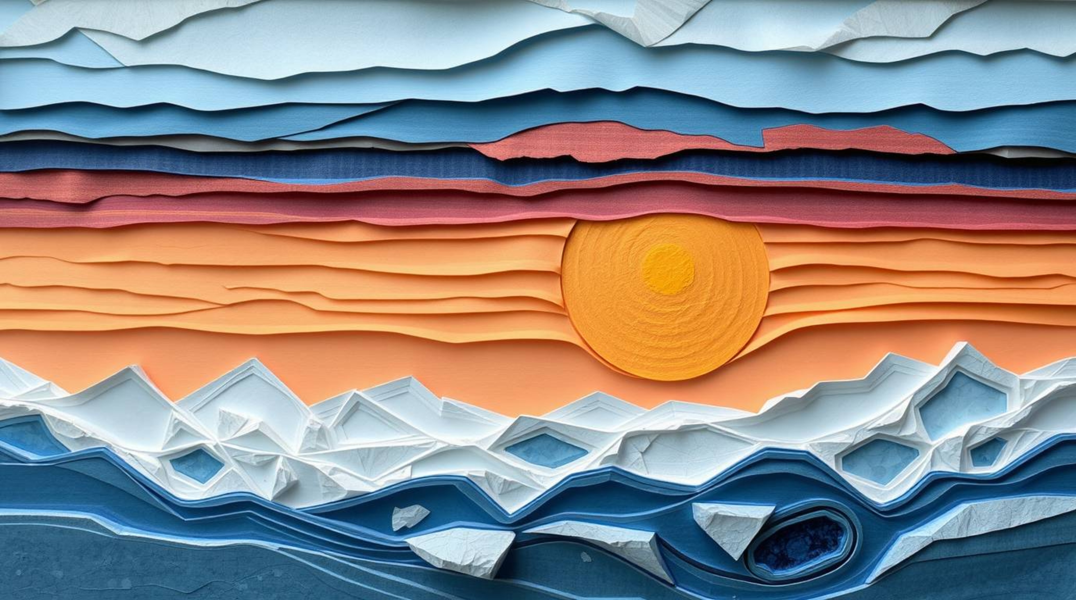 A captivating layered papier-mâché artwork portrays a serene sunset over majestic icy glaciers in the polar region.  The piec