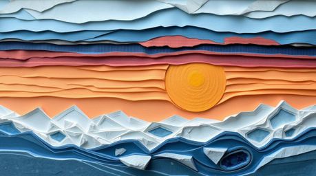 A captivating layered papier-mâché artwork portrays a serene sunset over majestic icy glaciers in the polar region.  The piec