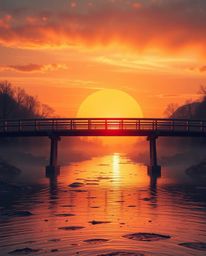 An extreme macro close-up captures the intricate details of an old wooden bridge over a river at sunset. The image is rendere