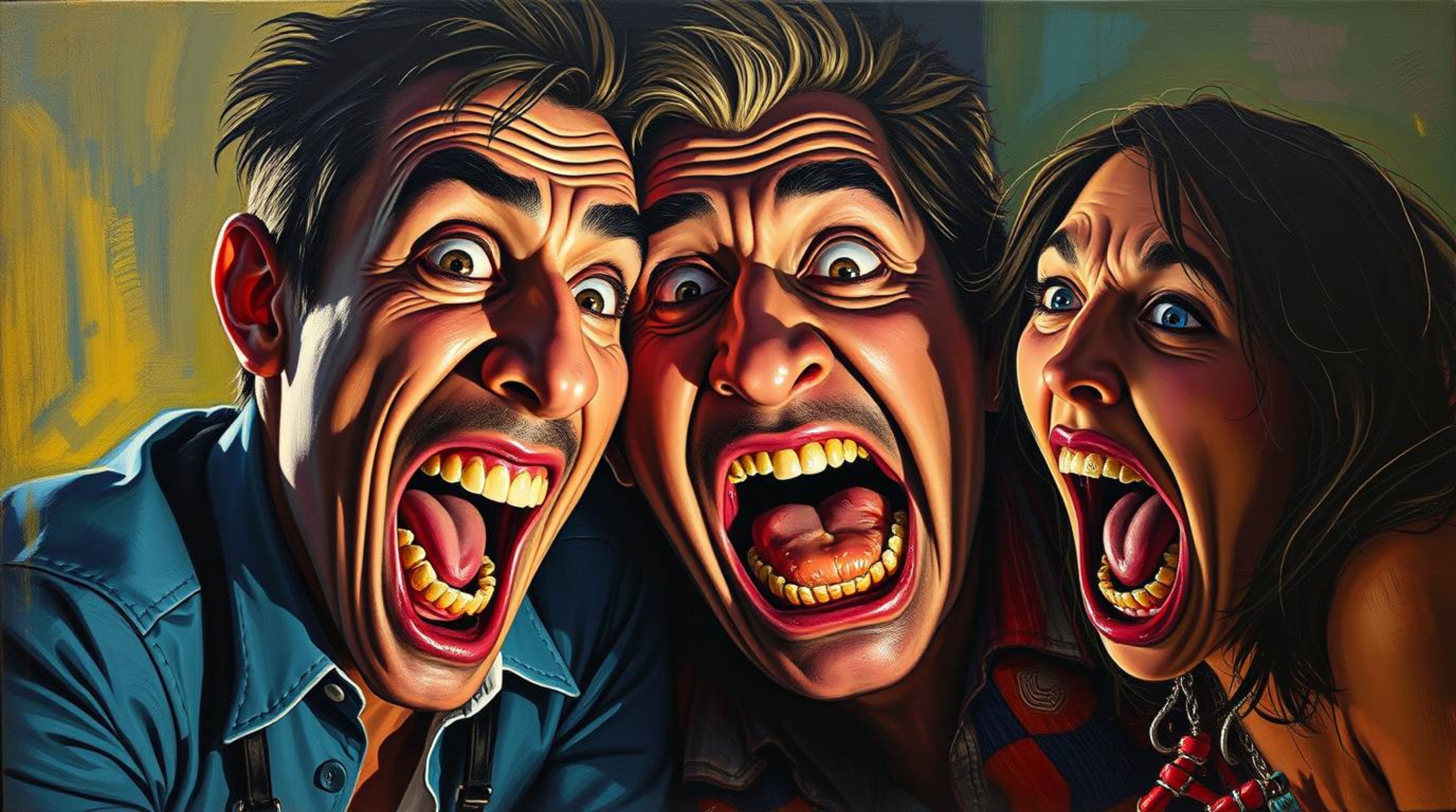 This dramatic acrylic painting captures a hilarious gross-out comedy moment with exaggerated facial expressions.  The cinemat