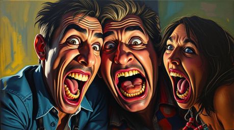 This dramatic acrylic painting captures a hilarious gross-out comedy moment with exaggerated facial expressions.  The cinemat
