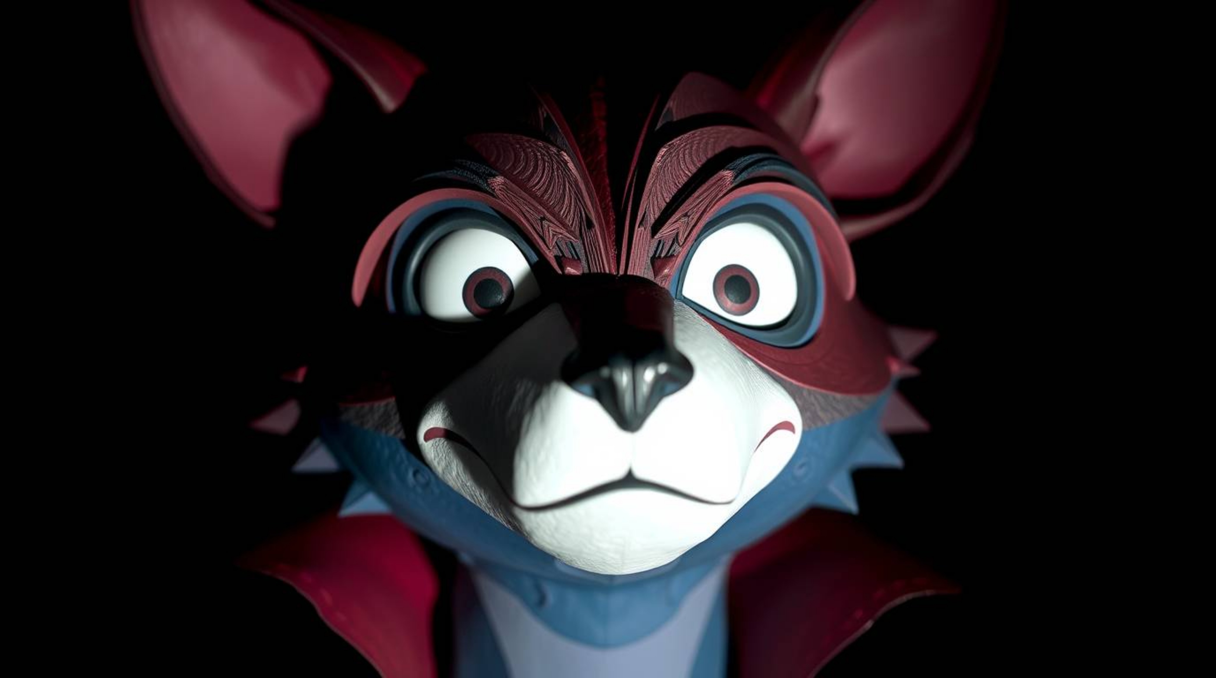 A sophisticated and elegant sculpture of a sarcastic animal sidekick, crafted from layered papier-mâché in rich burgundy and 