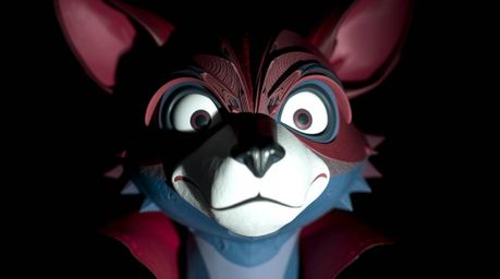 A sophisticated and elegant sculpture of a sarcastic animal sidekick, crafted from layered papier-mâché in rich burgundy and 