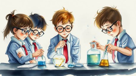 A captivating watercolor painting depicts quirky children in school uniforms conducting science experiments.  The artwork uti