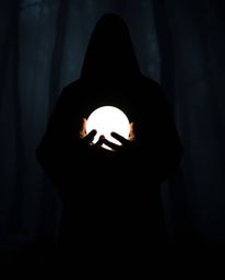 A captivating image of a cloaked figure, silhouetted against a misty forest bathed in intense backlighting, holding a radiant