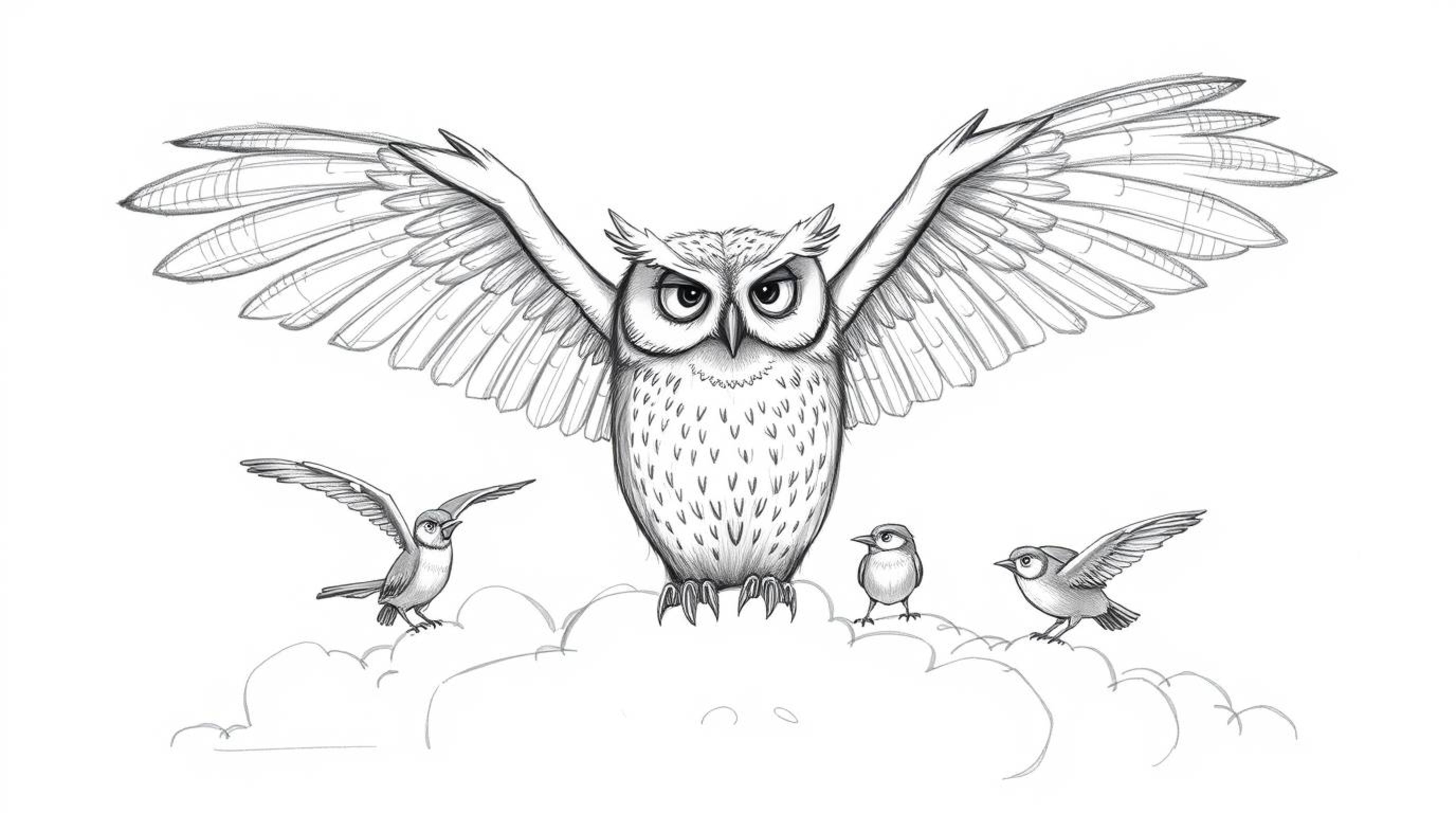 A heartwarming hand-drawn pencil sketch in the style of Pixar depicts a serene and wise blind owl with outstretched wings pro