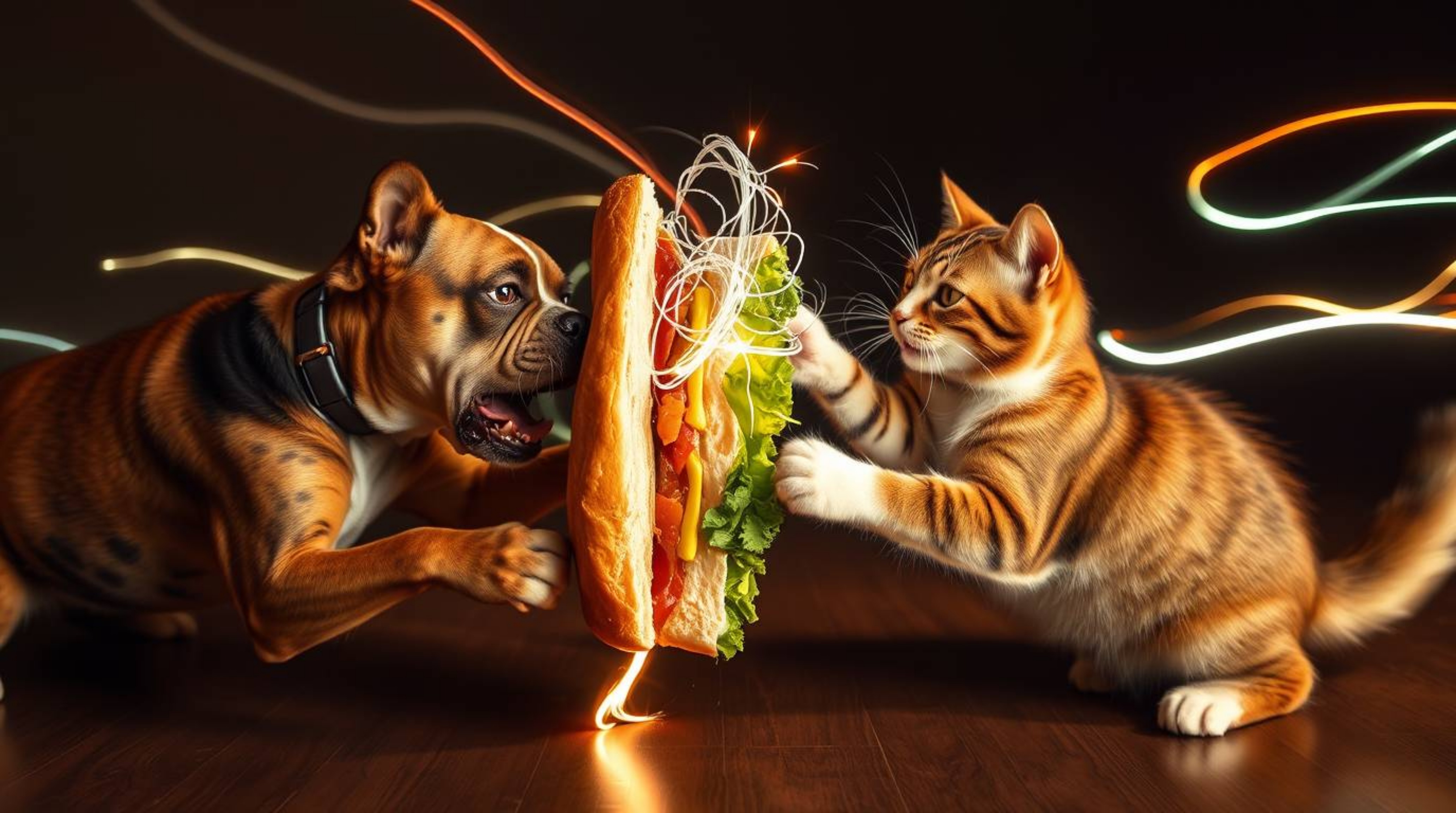 This captivating image showcases a playful yet chaotic scene of a dog and a cat battling over a massive sandwich. The long-ex