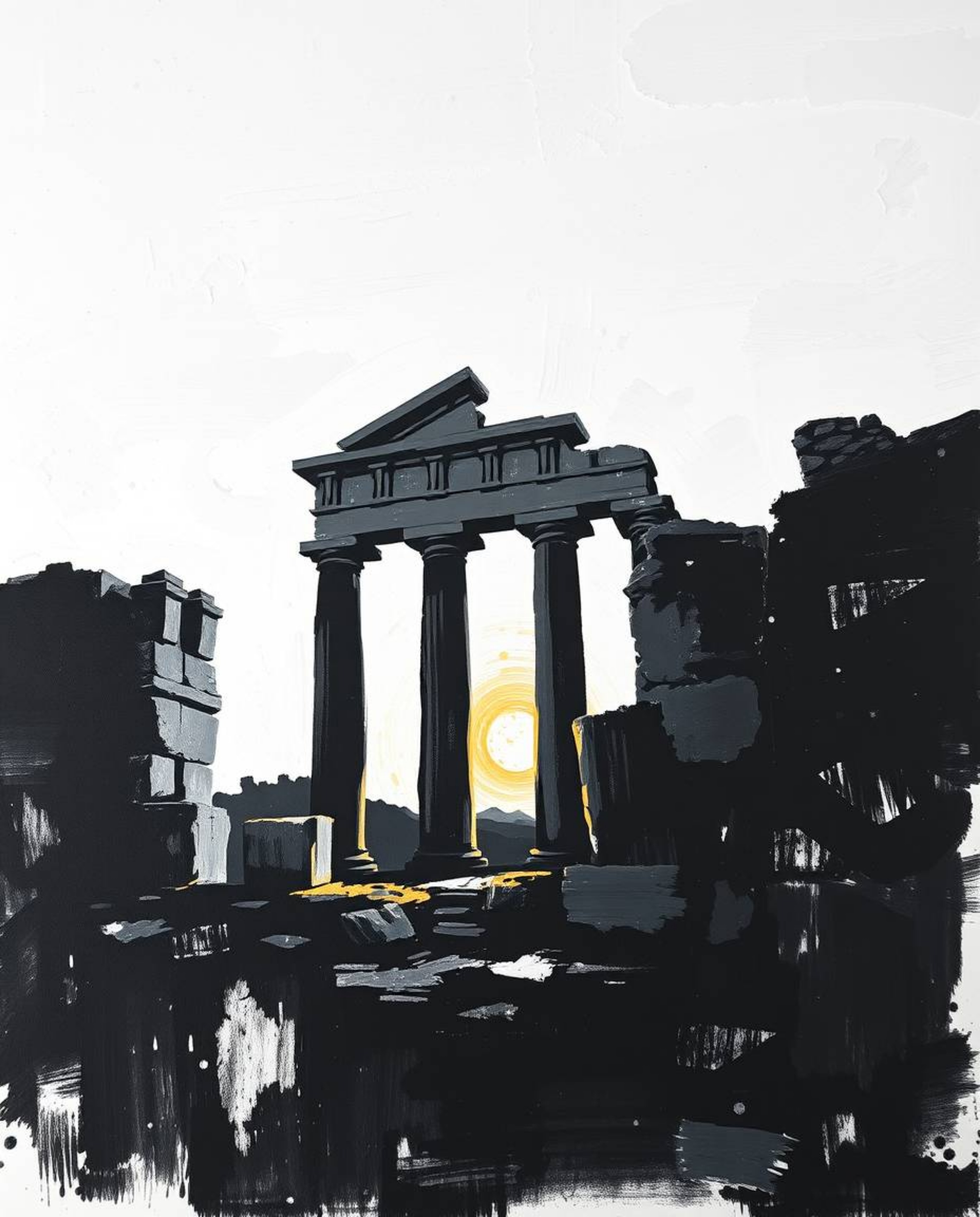 Experience the timeless elegance of ancient stone ruins at sunset, captured in a classic black and white acrylic painting. Th
