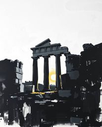 Experience the timeless elegance of ancient stone ruins at sunset, captured in a classic black and white acrylic painting. Th