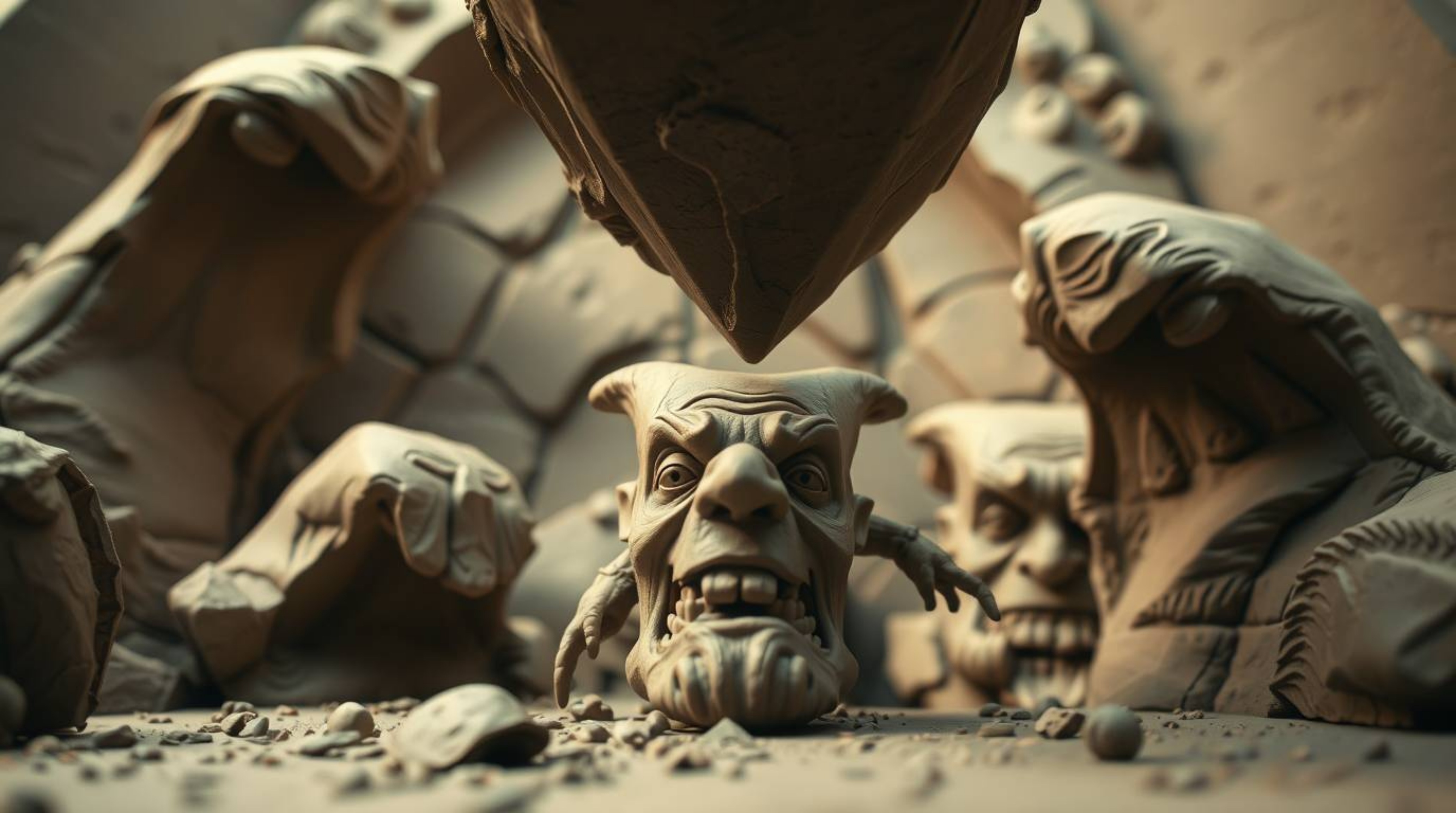 A dramatic sculptural clay art piece, captured from a low angle perspective, depicts a perilous scene where an anvil is poise