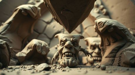 A dramatic sculptural clay art piece, captured from a low angle perspective, depicts a perilous scene where an anvil is poise