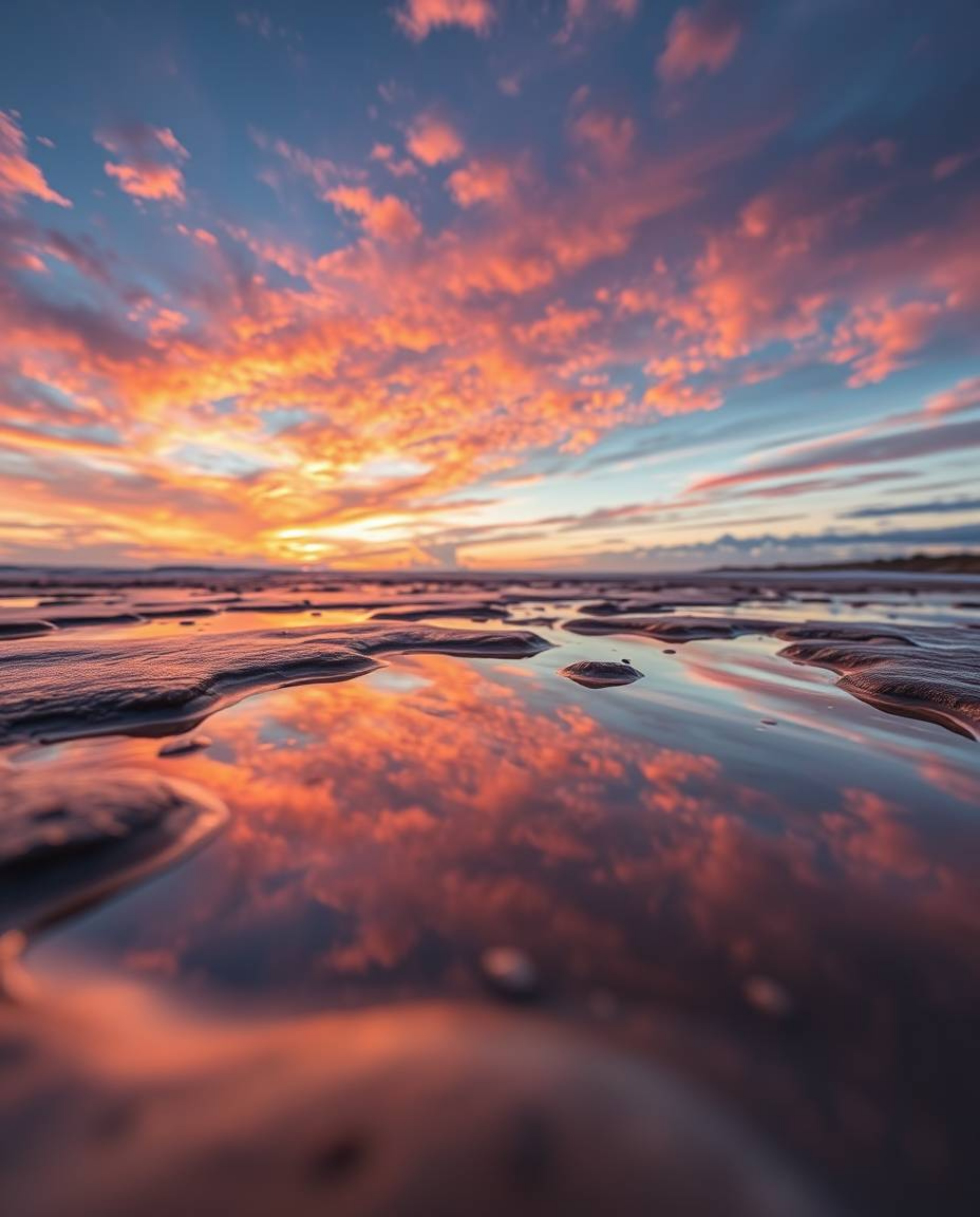 A precise architectural color photograph captures an extreme macro close-up of a sunset sky mirrored in tidal pools on a beac