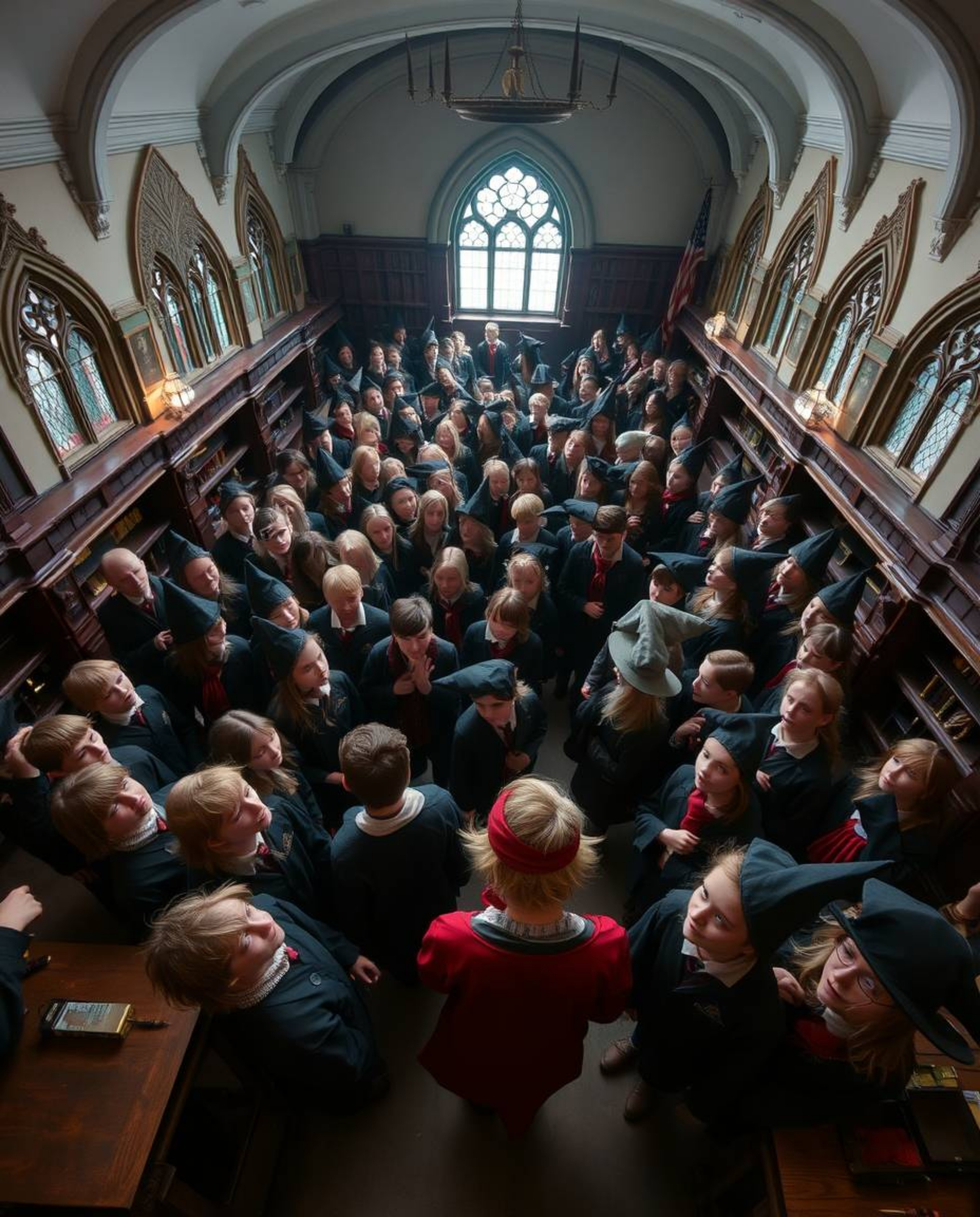 Immerse yourself in a captivating high-angle perspective photograph of a magical school teeming with young wizards. This imag