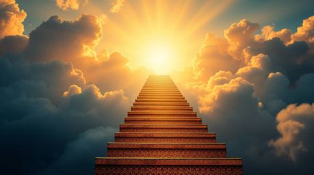 A golden staircase ascends through clouds to a glowing heaven, illuminated by radiant sunlight. The scene is masterfully craf