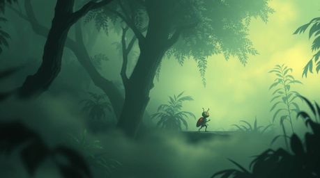Immerse yourself in a digital painting depicting a bug-sized hero's journey through a backyard jungle, veiled in thick fog an