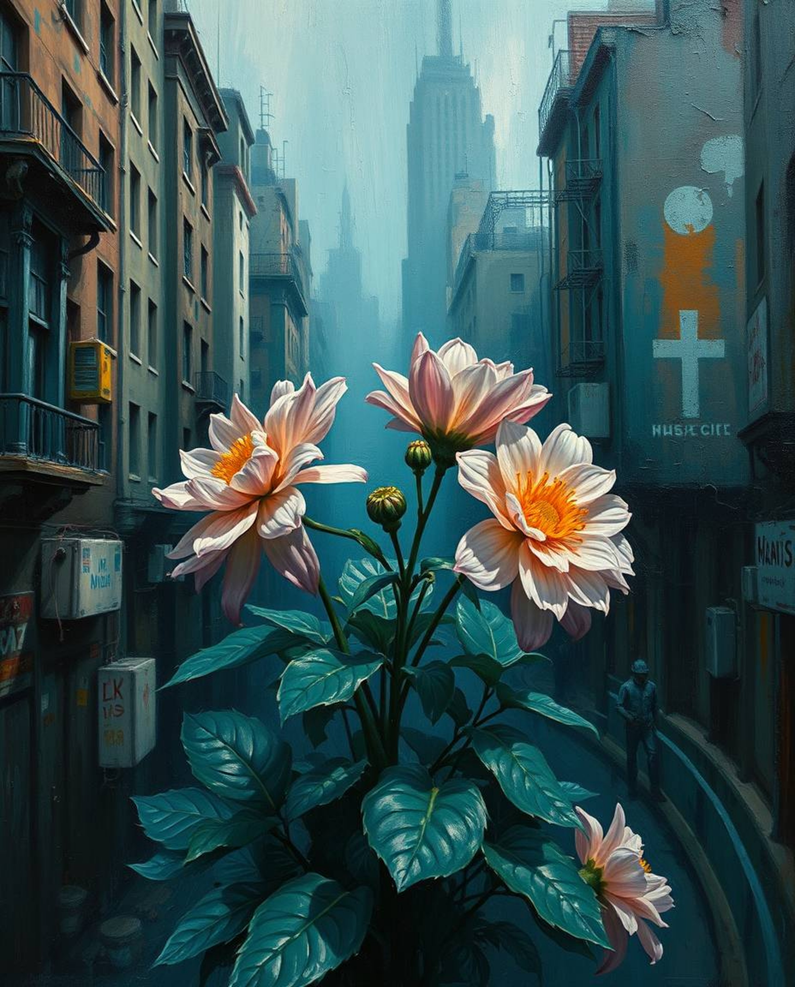 A classic oil painting in rich, deep teal hues depicts flowers blooming luxuriously amidst the ruins of a post-apocalyptic ci