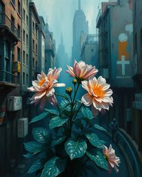 A classic oil painting in rich, deep teal hues depicts flowers blooming luxuriously amidst the ruins of a post-apocalyptic ci