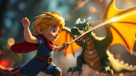 A charming prince bravely faces a fearsome dragon in a vibrant 1950s-style animation.  The scene is sharply focused on the ac
