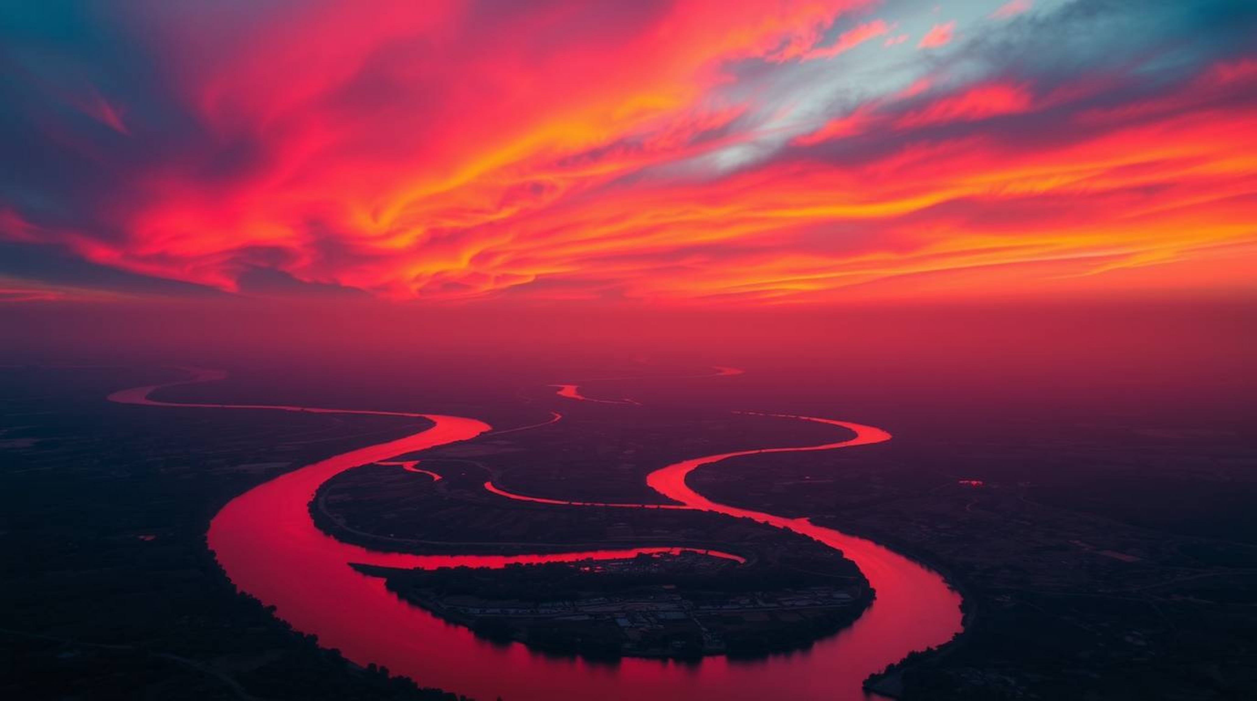 Experience the breathtaking beauty of a winding river illuminated by a dramatic orange-pink sunset.  This vibrant image, rend