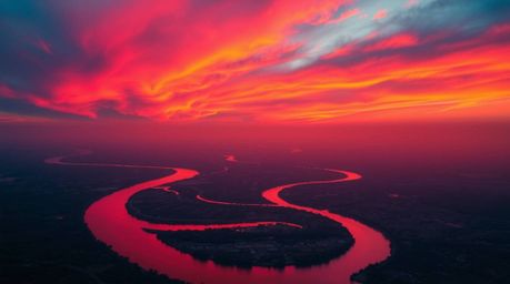 Experience the breathtaking beauty of a winding river illuminated by a dramatic orange-pink sunset.  This vibrant image, rend
