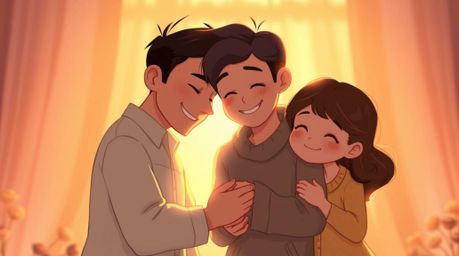Experience the warmth and joy of a heartfelt family reunion depicted in a charming Pixar-style illustration. The scene is bat