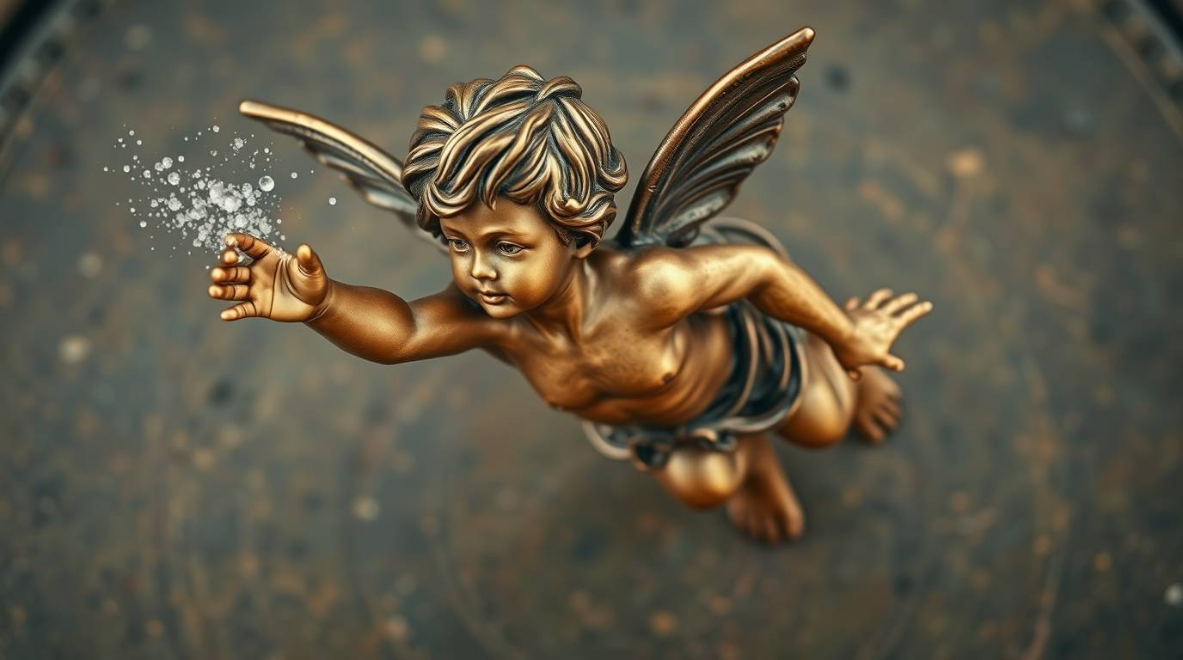 A captivating image of a young boy, seemingly suspended in mid-air above London with the aid of magical pixie dust. The artwo