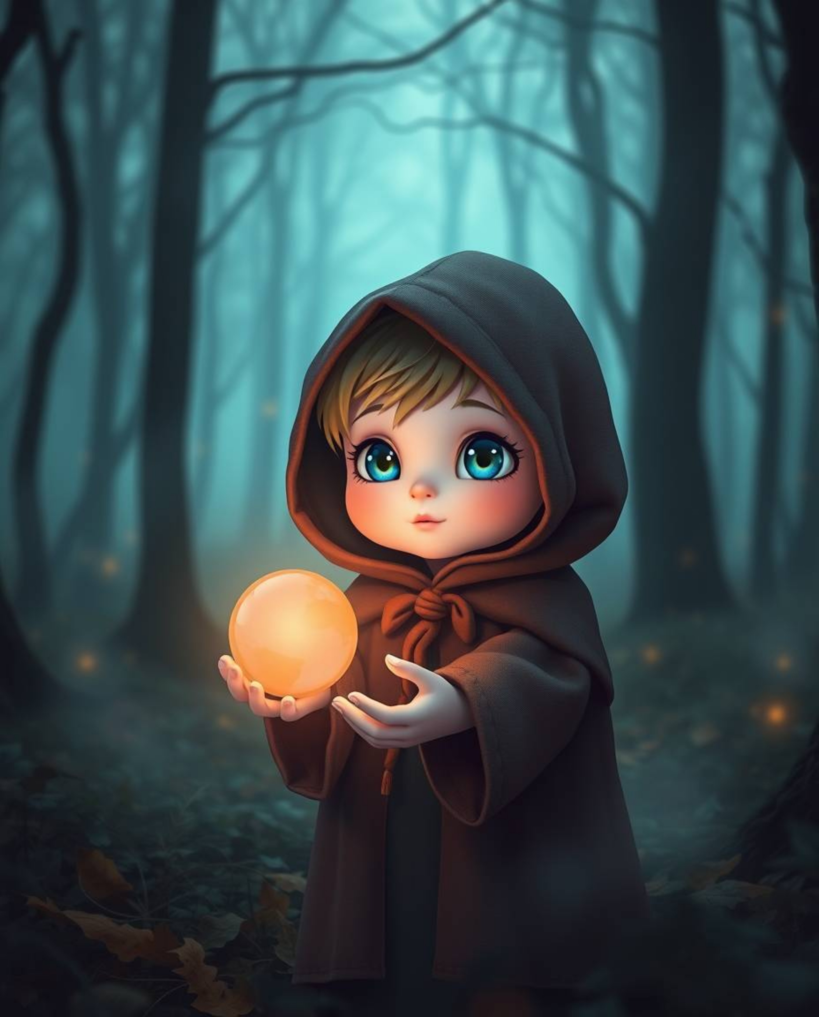 High-resolution stock photo featuring an adorable, cute cloaked figure standing within a misty forest. The figure is holding 
